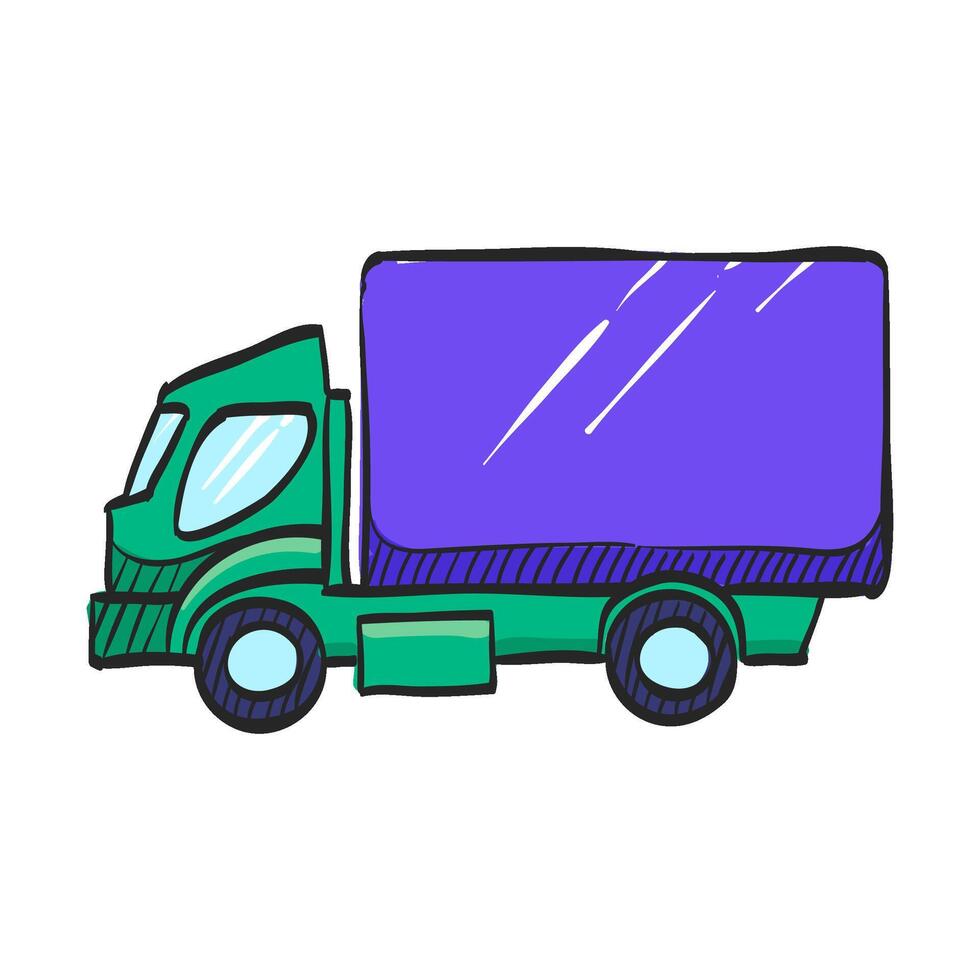 Truck icon in hand drawn color vector illustration