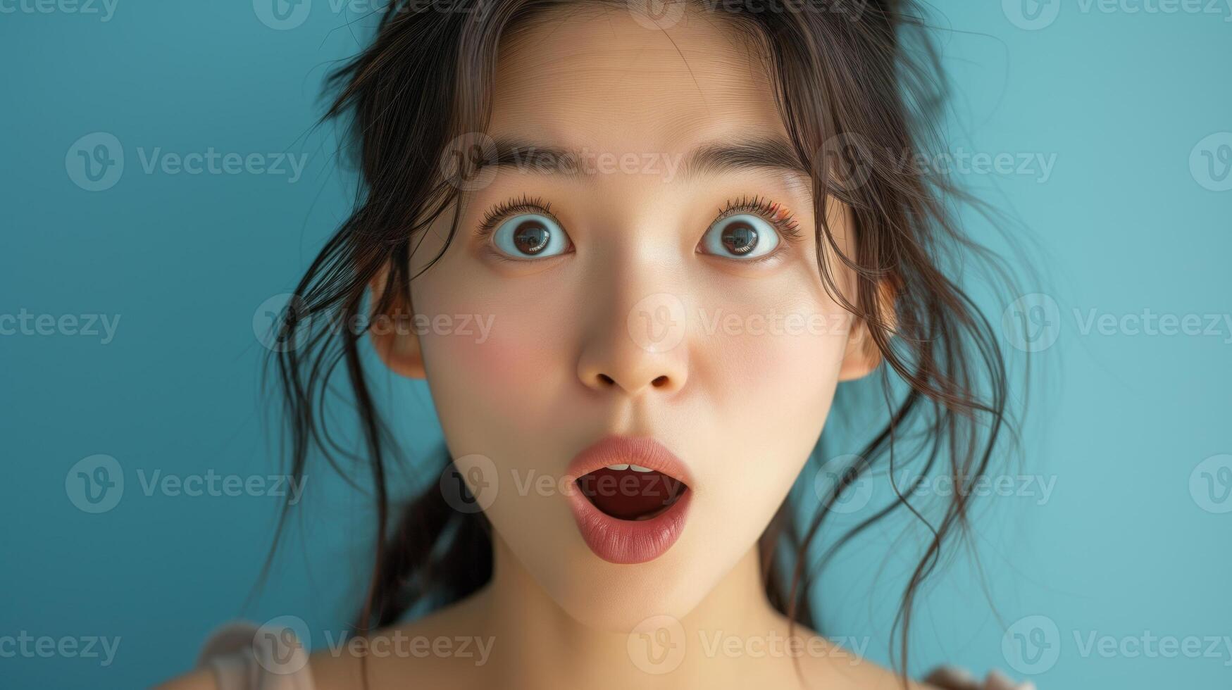 AI generated Portrait surprise face, Portrait of an amazed girl with an open mouth and round big eyes, astonished expression,  Looking camera. blue background. photo