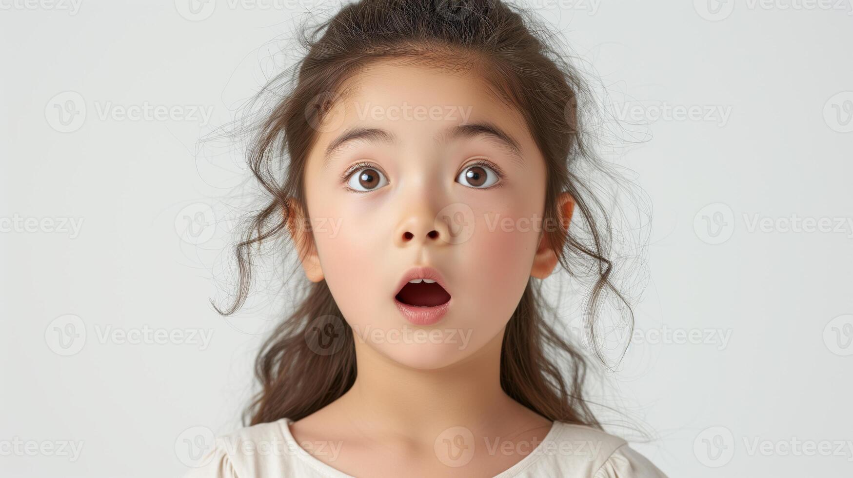 AI generated Portrait surprise face, Portrait of an amazed girl with an open mouth and round big eyes, astonished expression,  Looking camera. White background. photo
