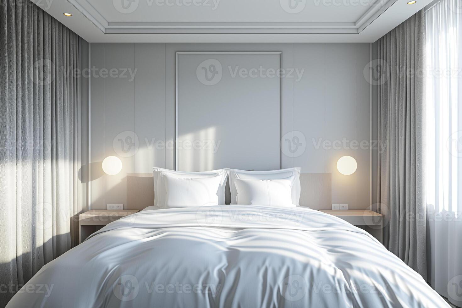 AI generated Minimal bedroom, House interior design backdrop, White modern bedroom, Simple design. photo