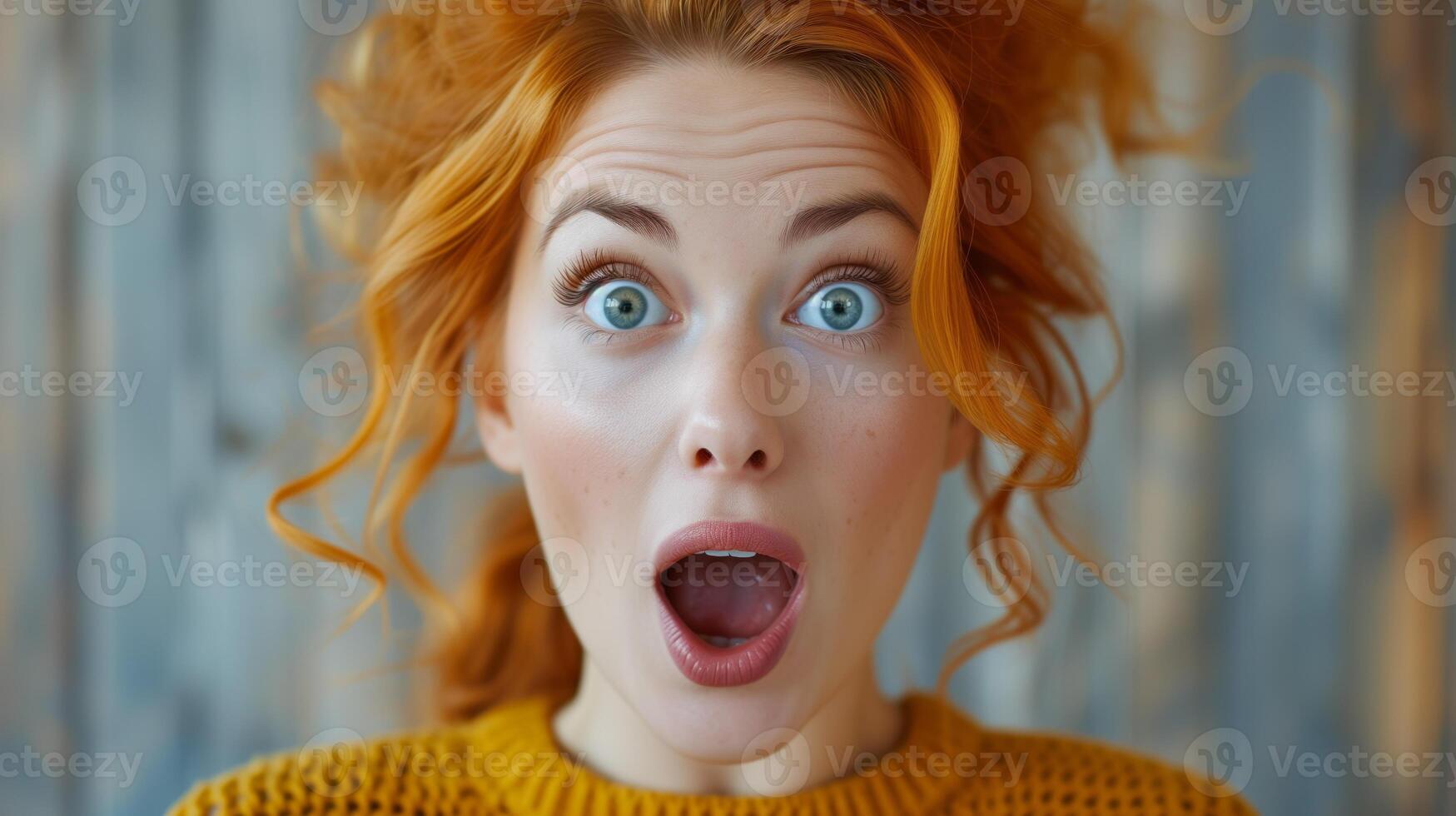 AI generated Portrait surprise face, Portrait of an amazed woman with an open mouth and round big eyes, astonished expression,  Looking camera. White background. photo