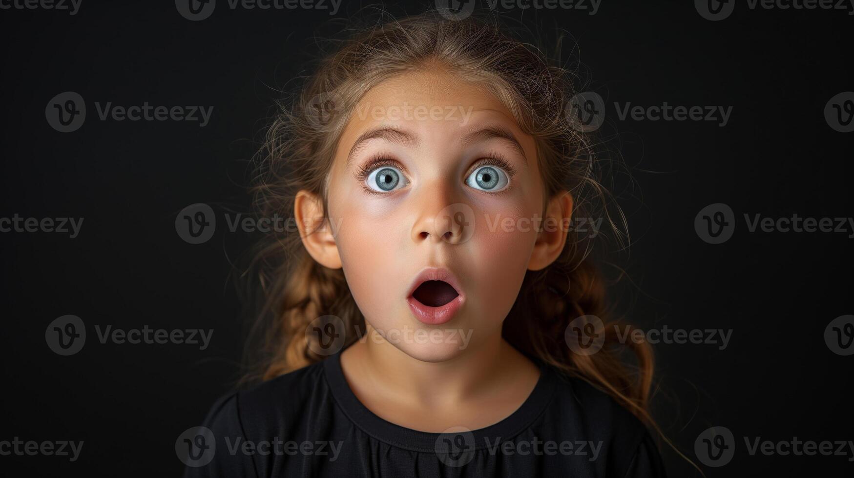 AI generated Portrait surprise face, Portrait of an amazed girl with an open mouth and round big eyes, astonished expression,  Looking camera. black background. photo