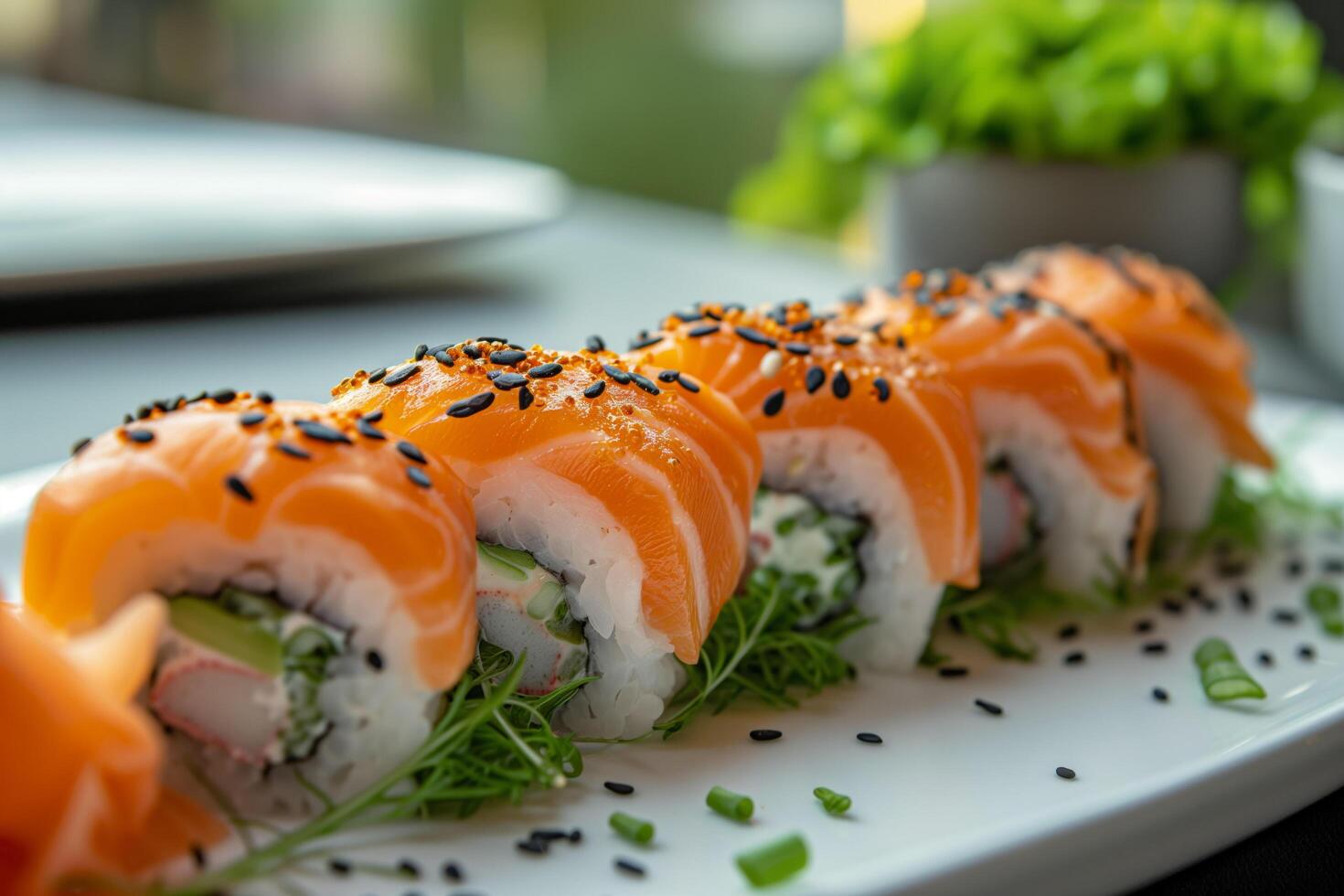 AI generated Salmon Japanese sushi inside out roll with cucumber, cream cheese. close up shot. photo