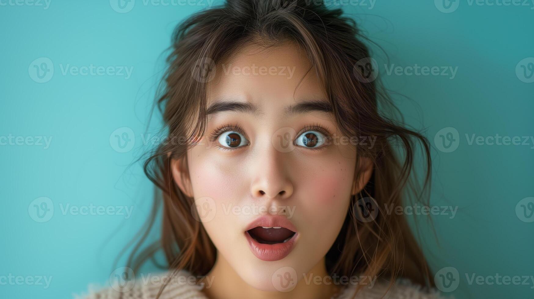 AI generated Portrait surprise face, Portrait of an amazed girl with an open mouth and round big eyes, astonished expression,  Looking camera. blue background. photo