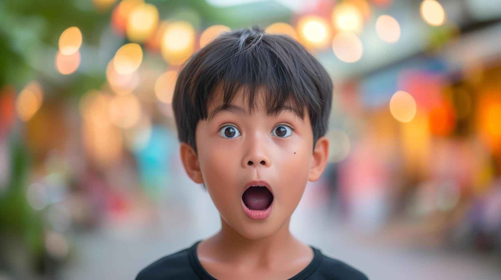 AI generated Portrait surprise face, Portrait of an amazed boy with an open mouth and round big eyes, astonished expression,  Looking camera. blur bokeh background. photo