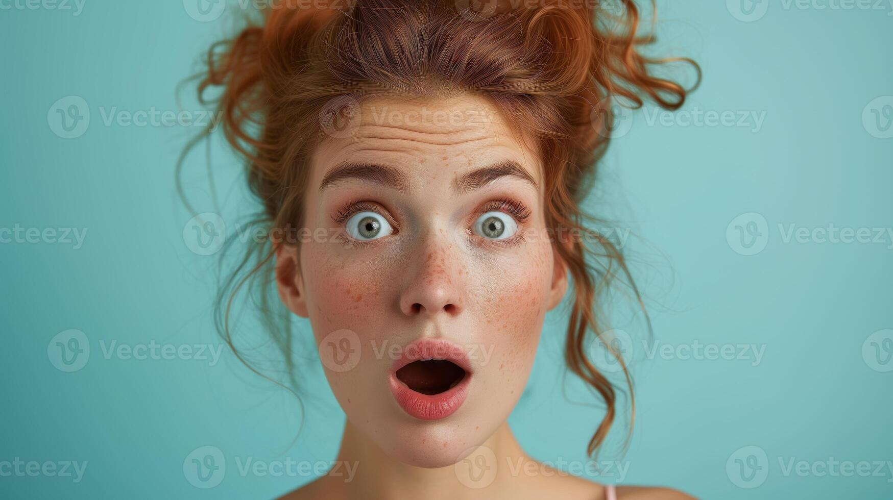 AI generated Portrait surprise face, Portrait of an amazed woman with an open mouth and round big eyes, astonished expression,  Looking camera. blue background. photo