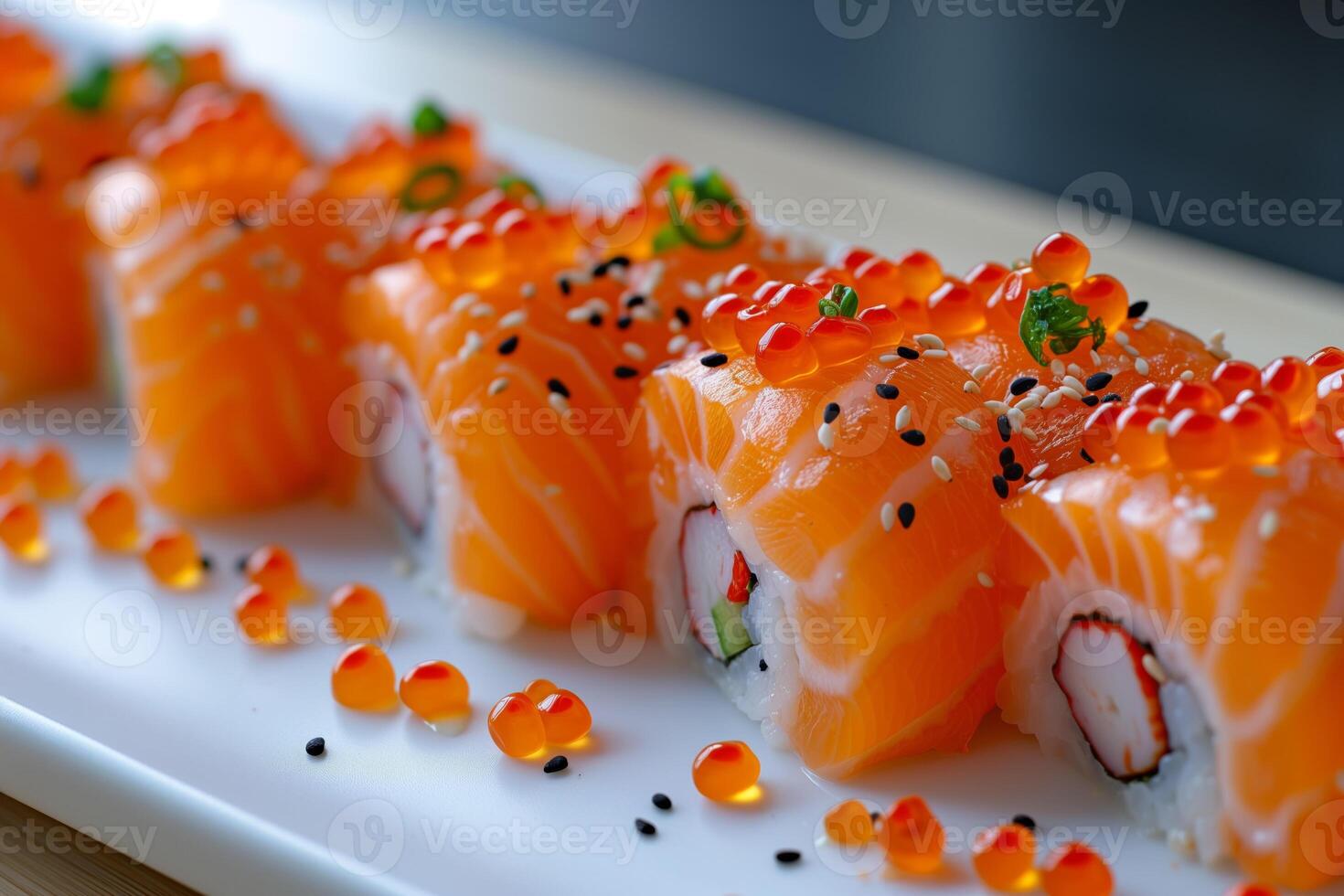 AI generated Salmon Japanese sushi inside out roll with cucumber, cream cheese. close up shot. photo