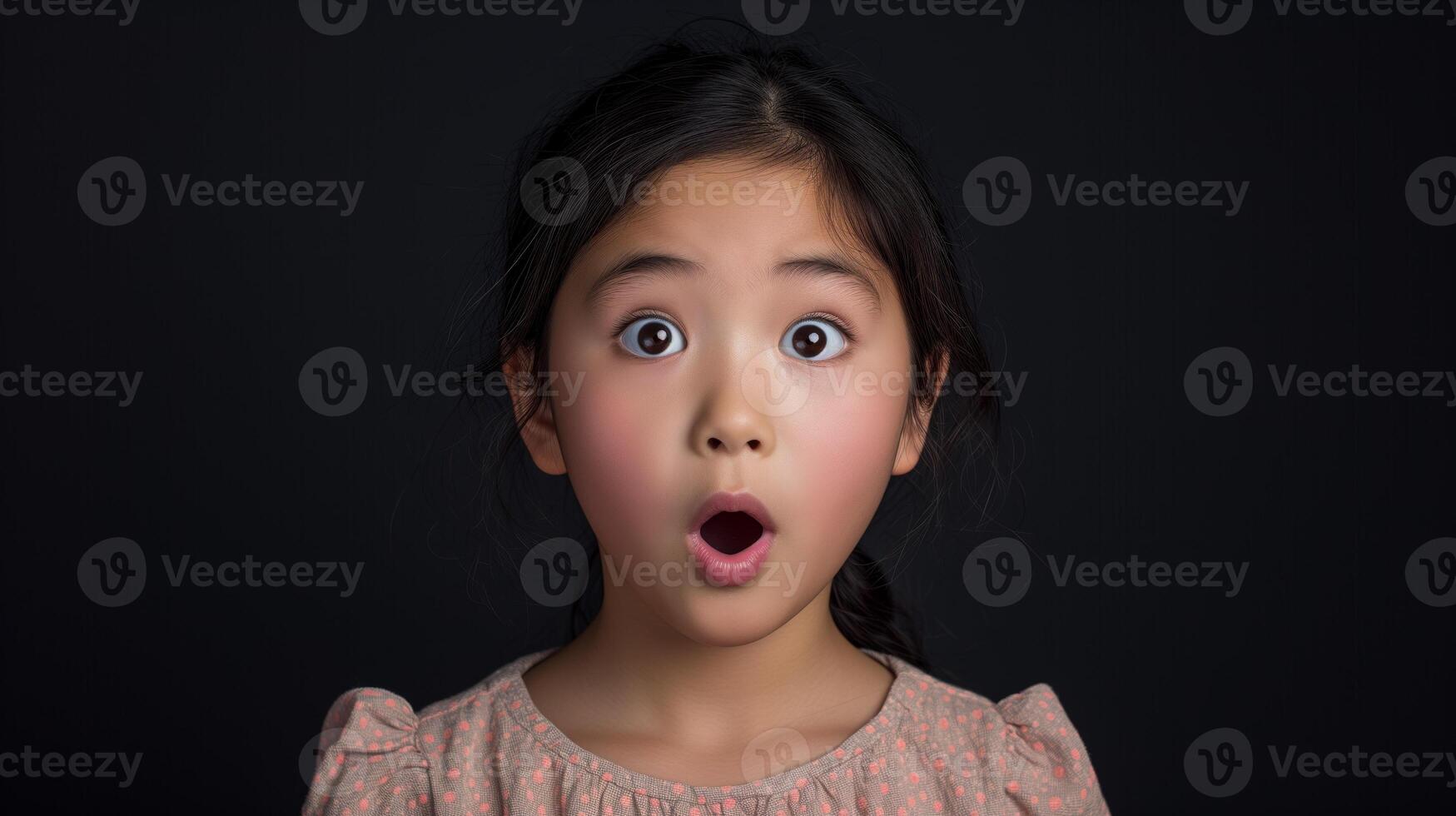 ai generado retrato sorpresa rostro, retrato de un asombrado niña con un abierto boca y redondo grande ojos, asombrado expresión, mirando cámara. negro antecedentes. foto