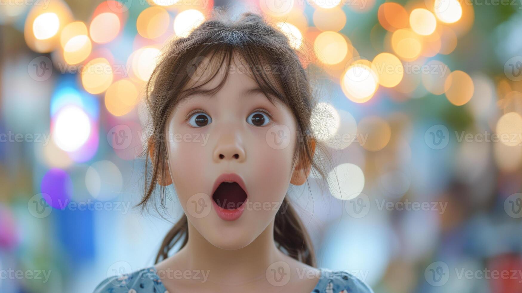 AI generated Portrait surprise face, Portrait of an amazed girl with an open mouth and round big eyes, astonished expression,  Looking camera. blur background. photo