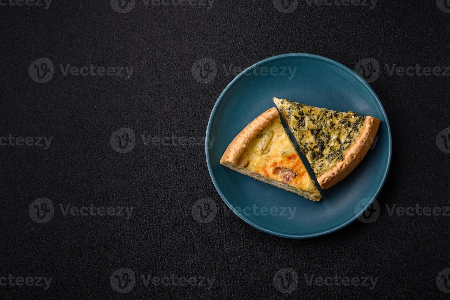 Delicious crispy quiche cut into slices with cheese, broccoli, tomatoes photo