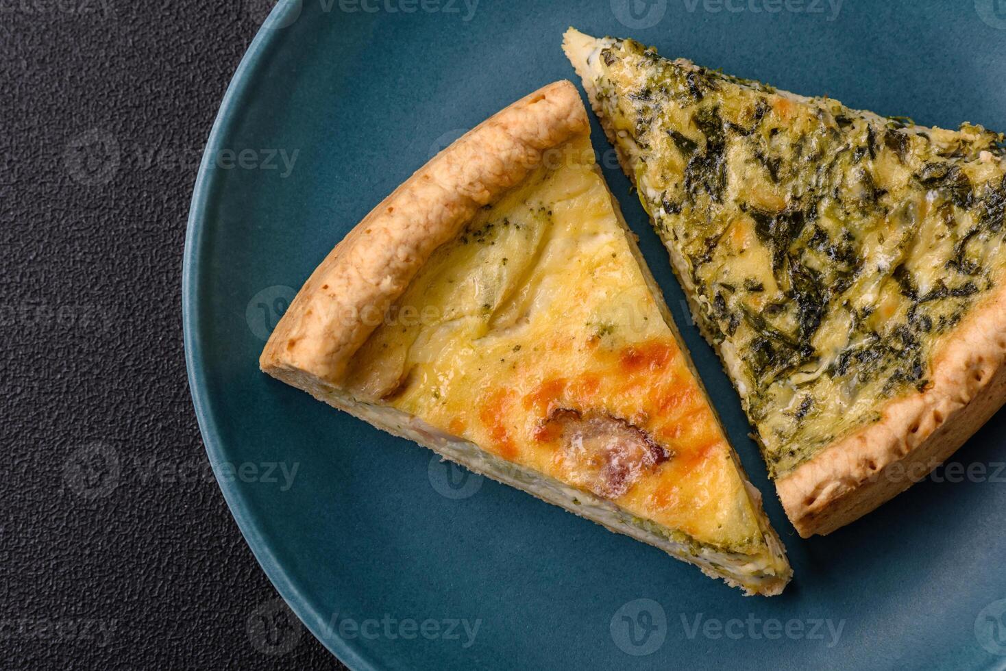 Delicious crispy quiche cut into slices with cheese, broccoli, tomatoes photo