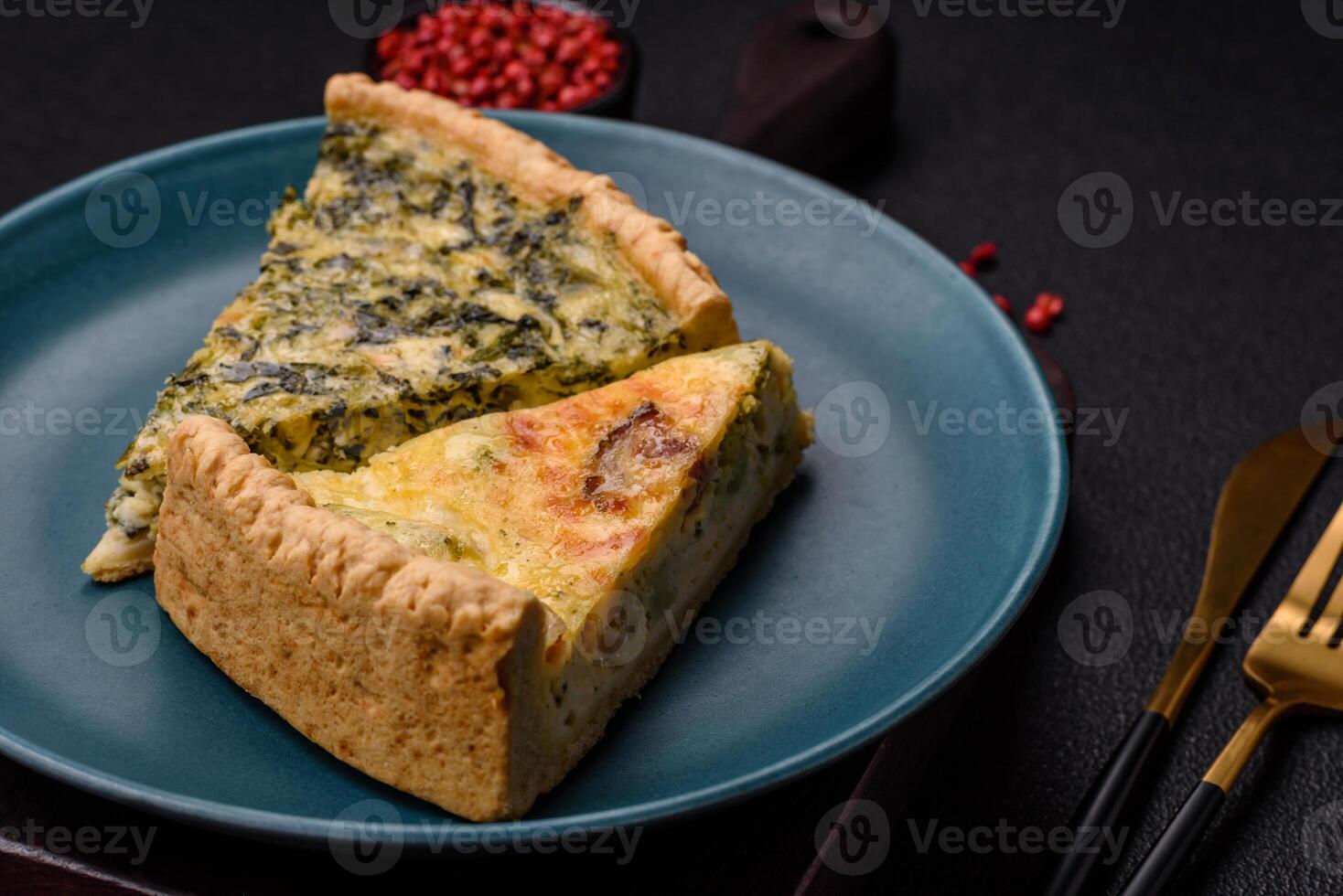 Delicious crispy quiche cut into slices with cheese, broccoli, tomatoes photo