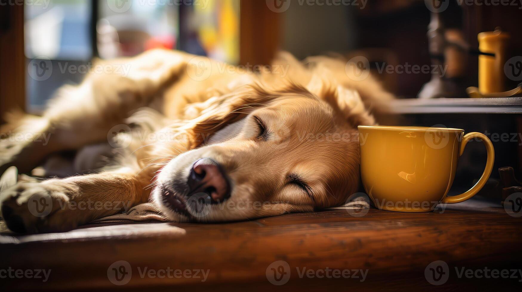 AI generated calm dog indoors relaxing coffee ai generated photo