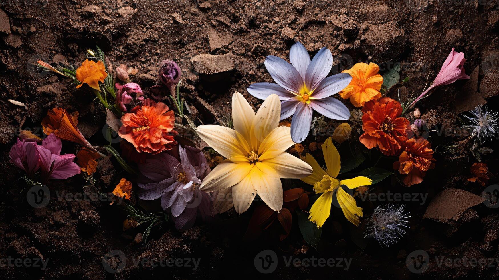 AI generated bloom flowers in dirt ai generated photo