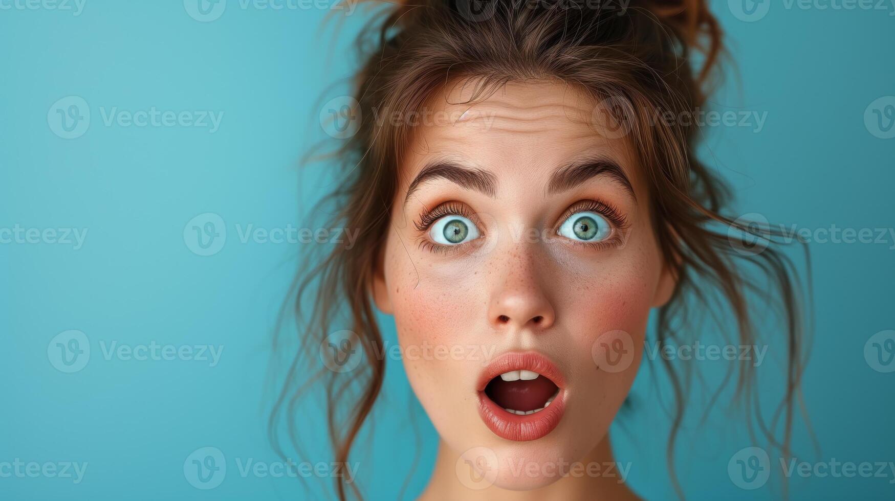 AI generated Portrait surprise face, Portrait of an amazed woman with an open mouth and round big eyes, astonished expression,  Looking camera. blue background. photo