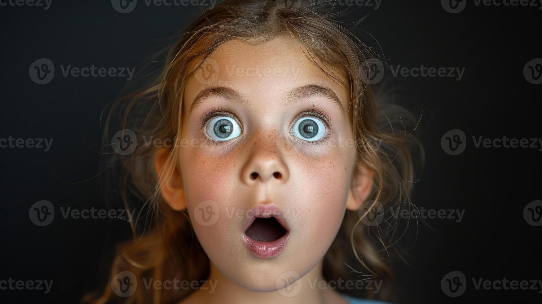 AI generated Portrait surprise face, Portrait of an amazed girl with an open mouth and round big eyes, astonished expression,  Looking camera. black background. photo