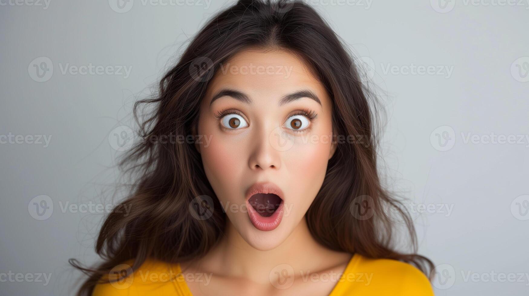 AI generated Portrait surprise face, Portrait of an amazed woman with an open mouth and round big eyes, astonished expression,  Looking camera. White background. photo