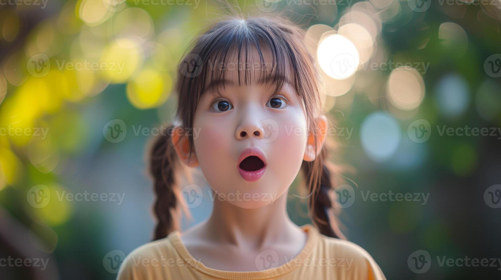 AI generated Portrait surprise face, Portrait of an amazed girl with an open mouth and round big eyes, astonished expression,  Looking camera. blur background. photo