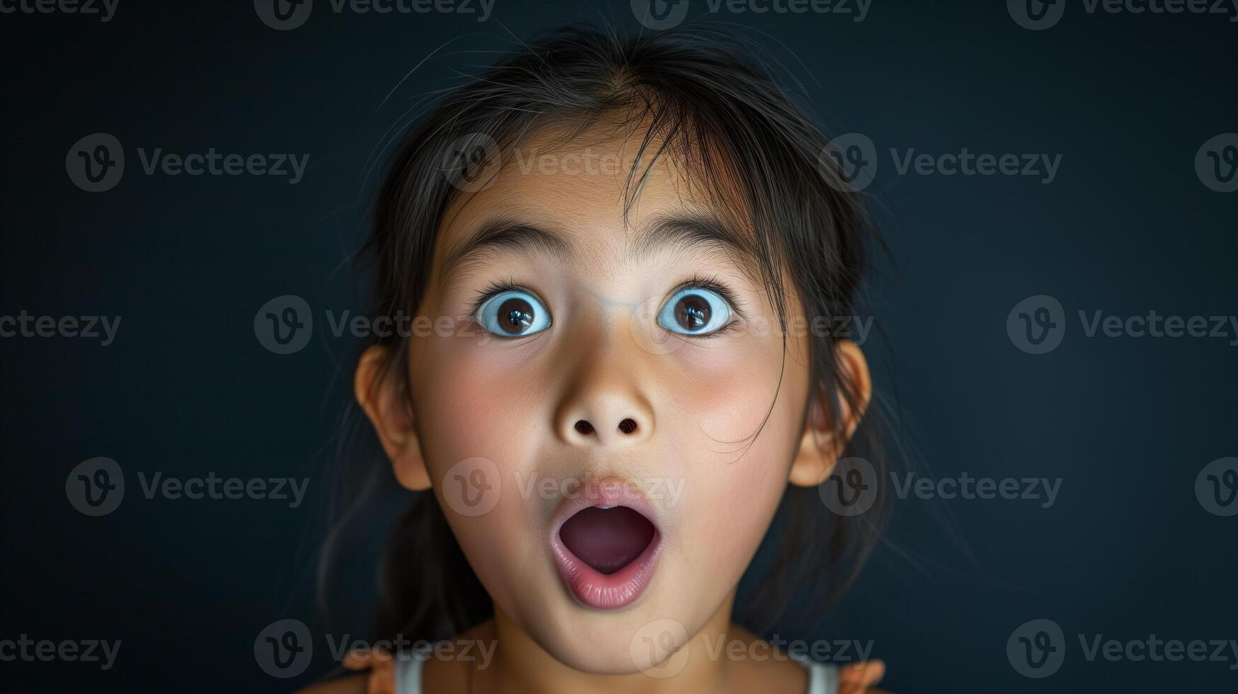 AI generated Portrait surprise face, Portrait of an amazed girl with an open mouth and round big eyes, astonished expression,  Looking camera. black background. photo