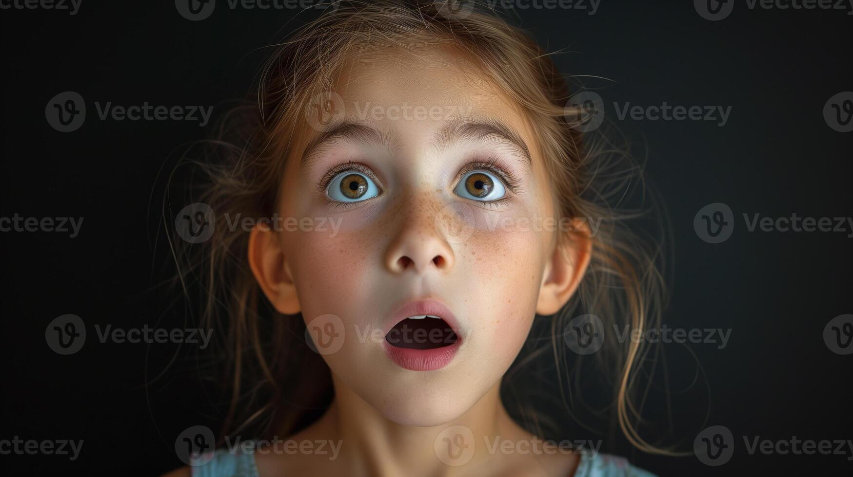 ai generado retrato sorpresa rostro, retrato de un asombrado niña con un abierto boca y redondo grande ojos, asombrado expresión, mirando cámara. negro antecedentes. foto