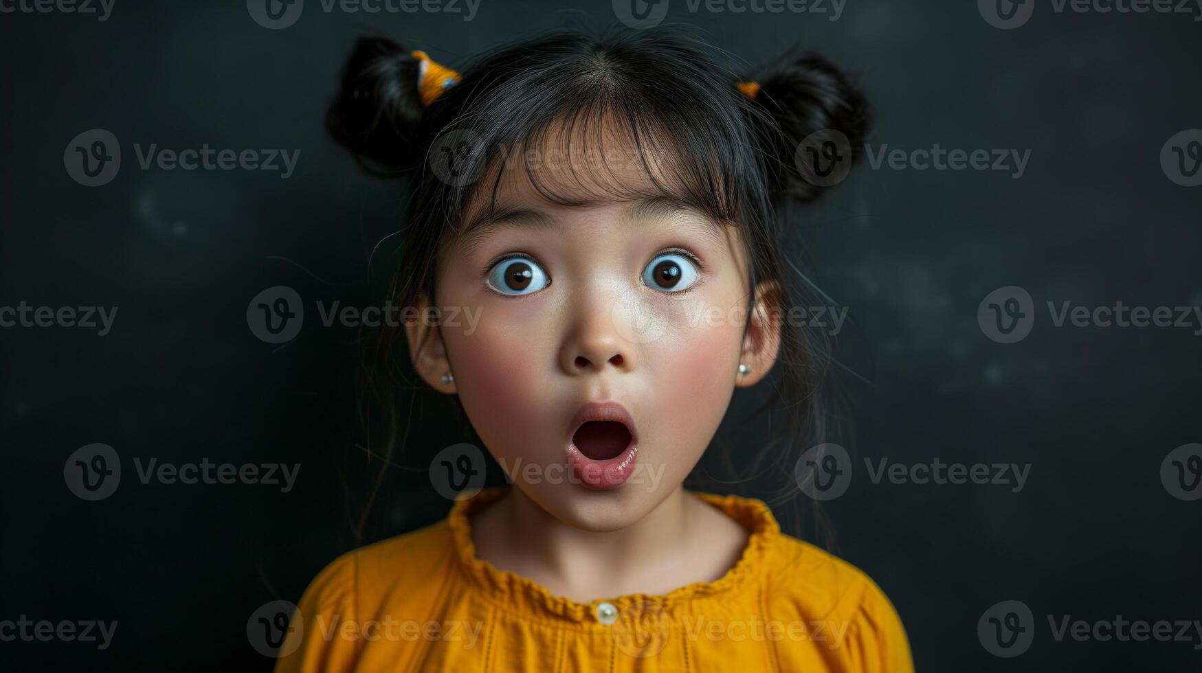 AI generated Portrait surprise face, Portrait of an amazed girl with an open mouth and round big eyes, astonished expression,  Looking camera. black background. photo
