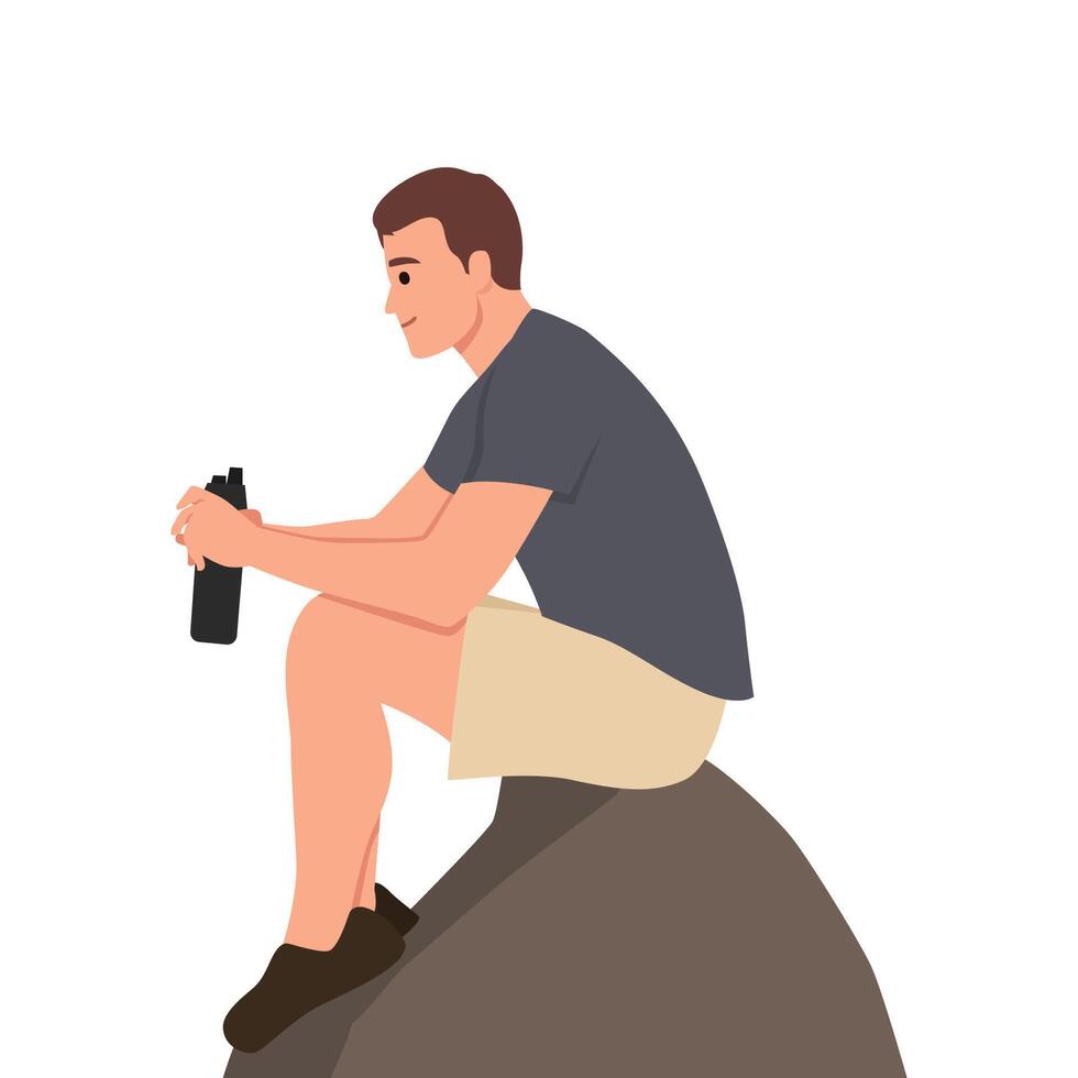 Hiker sitting on cliff of a mountain and looking through binoculars. vector