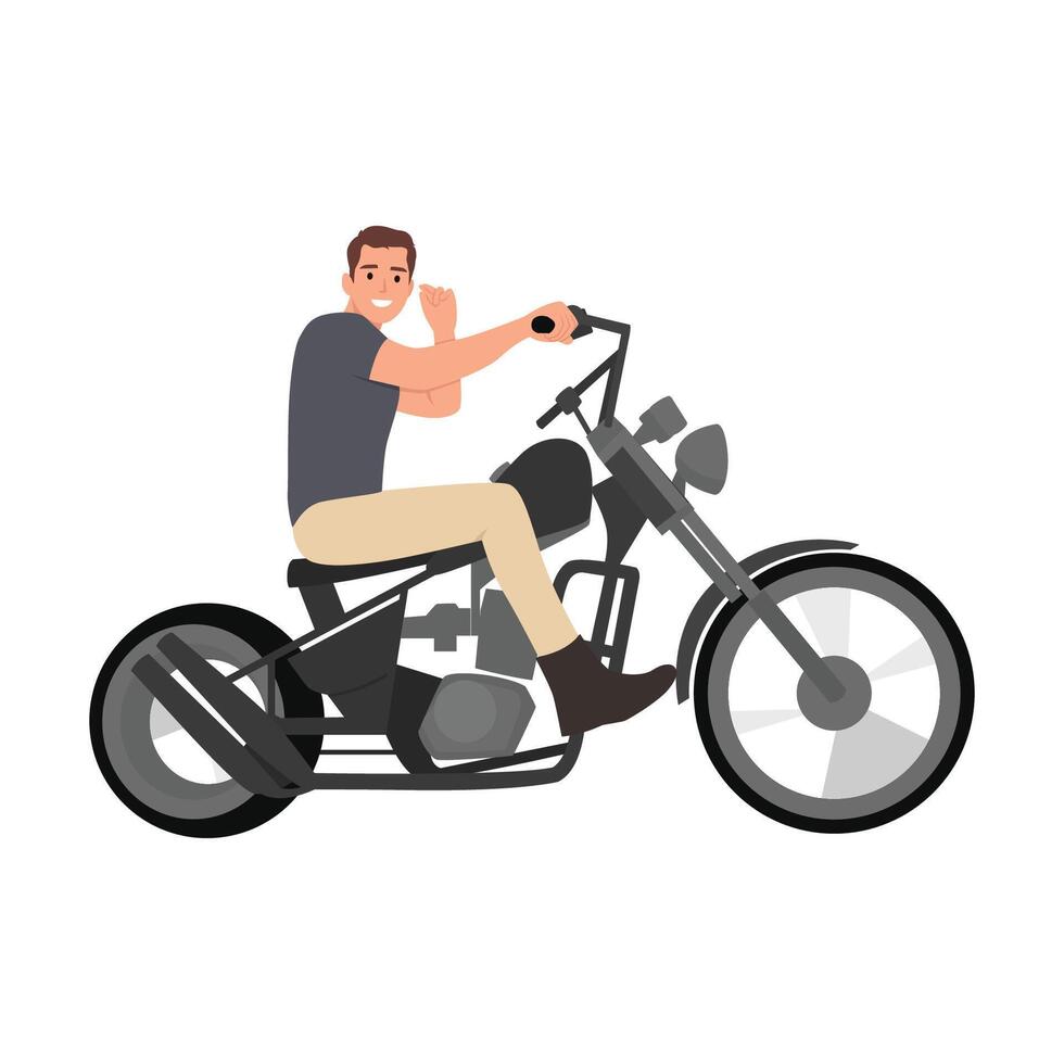 Young man riding a motorcycle. vector