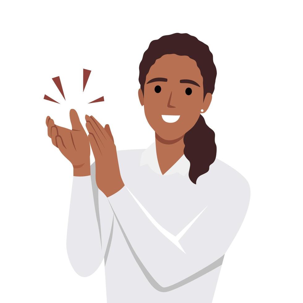 Young woman clapping hands thanking or showing appreciation at event. vector