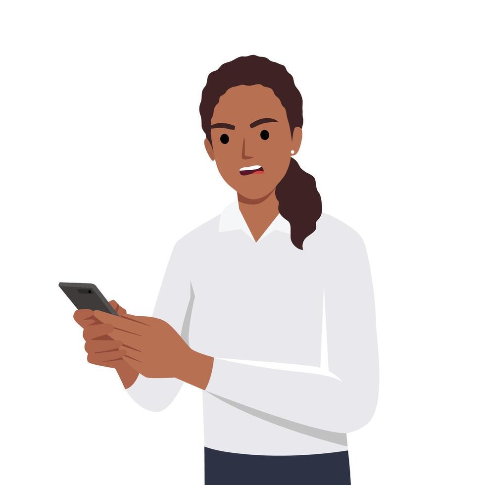 angry woman holding her phone, lost signal vector