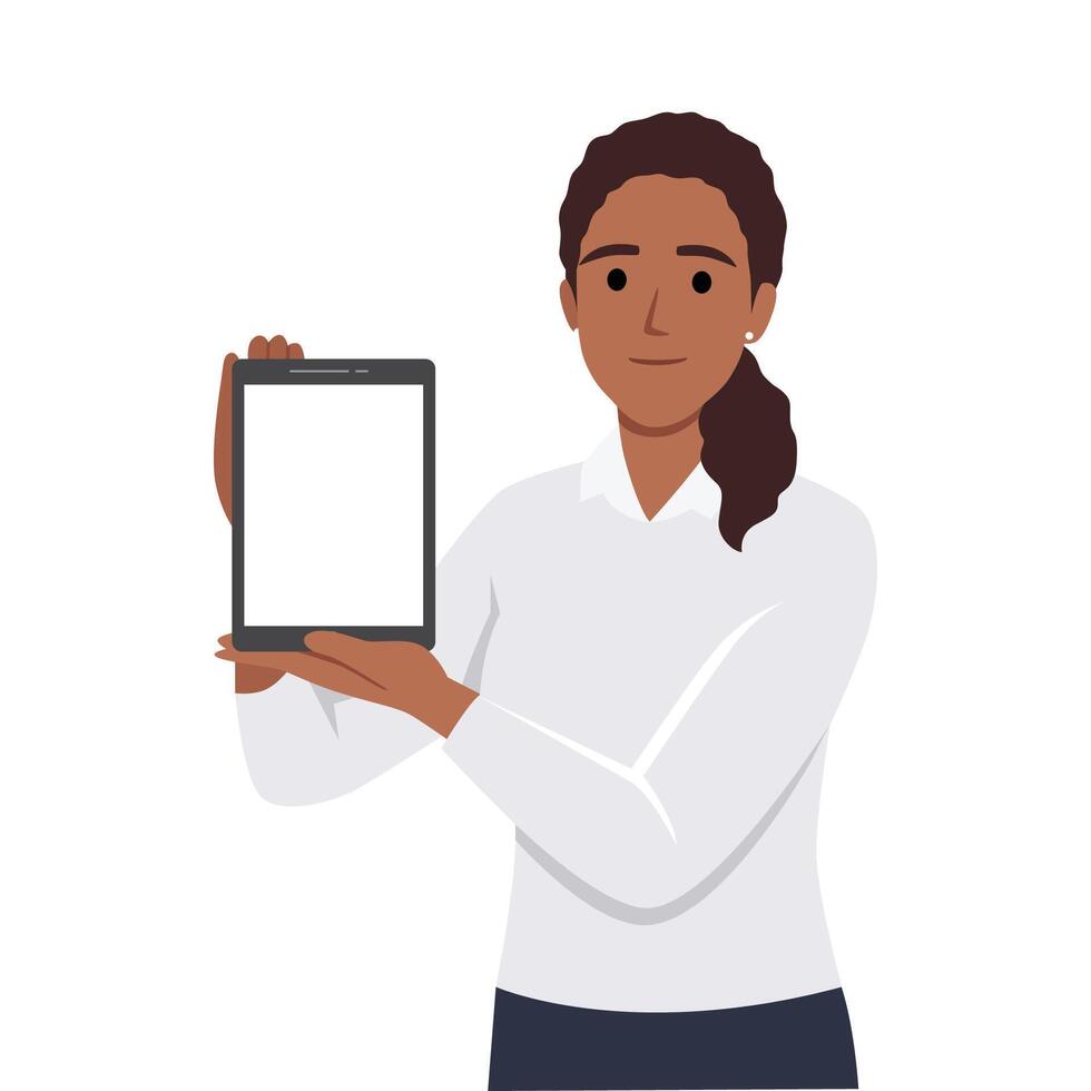 Happy beautiful young woman holding or showing a blank clipboard and showing hand to copy space side away. vector