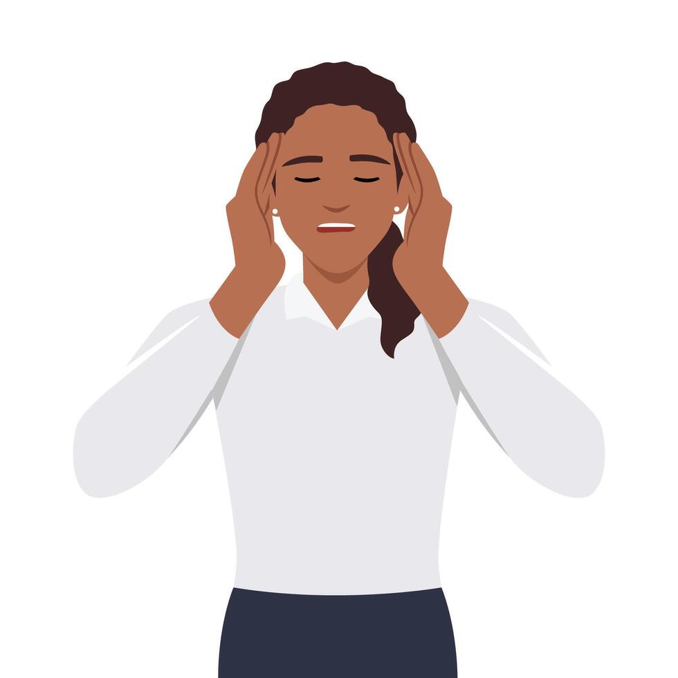 Vector illustration of female with open mouth, clutching at head with both hands, suffering from headache, panic and depression.