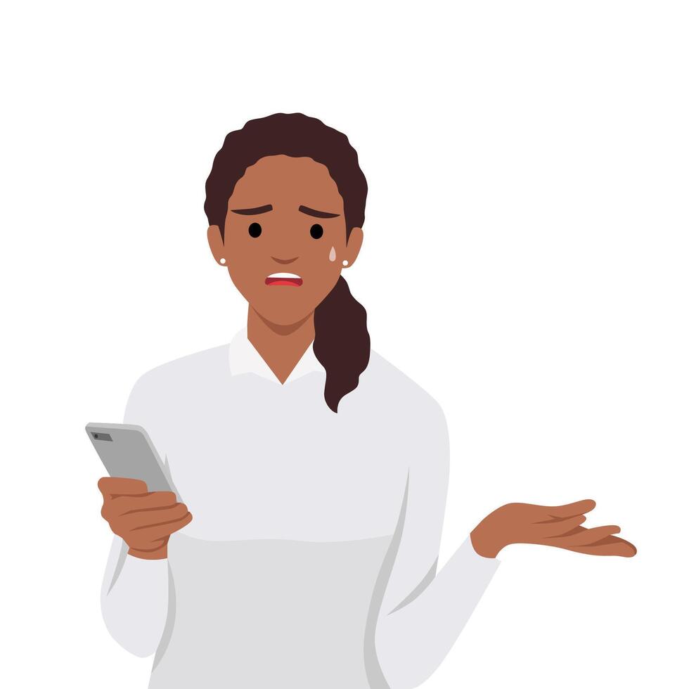 Anger frustration confusion concept. Nervous girl looking at smartphone screen. Furious teenager irritated with phone malfunction. Mad woman angry with bad message vector
