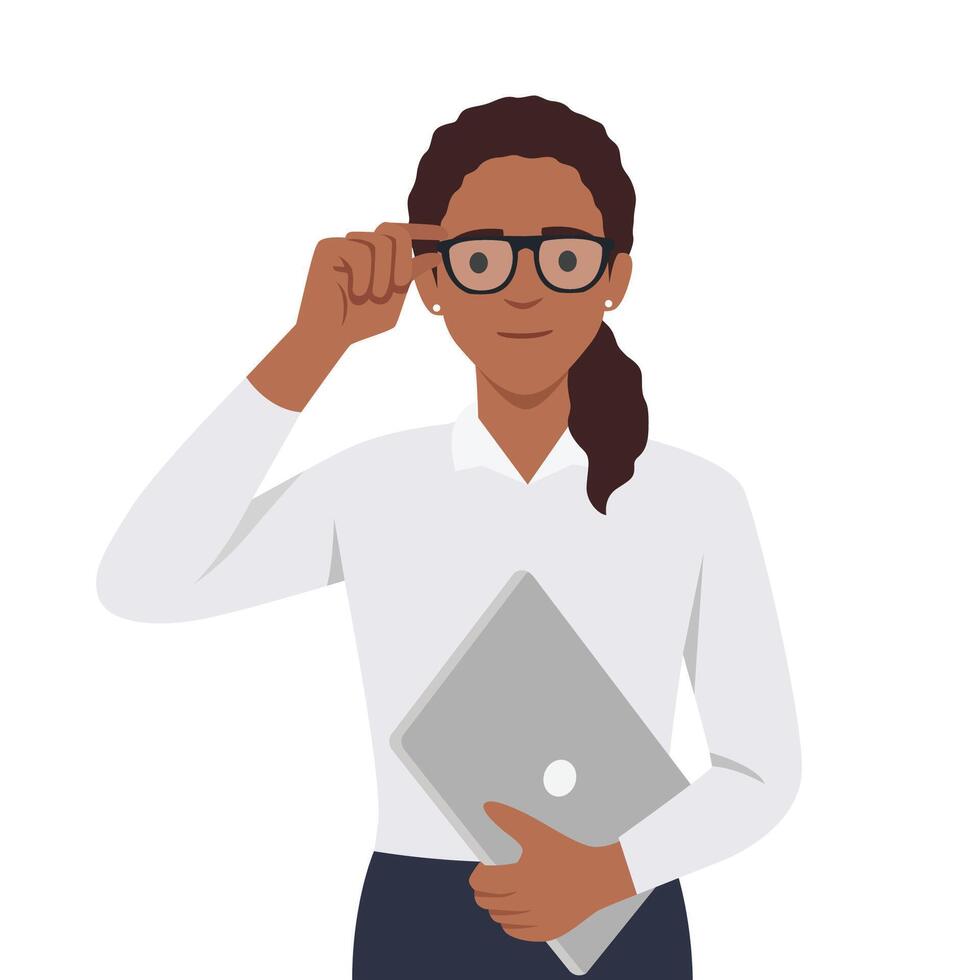 retrato de un niña en lentes vistiendo casual atuendo, participación un computadora portátil, plano ilustración de estudiando a hogar durante bloquear abajo vector