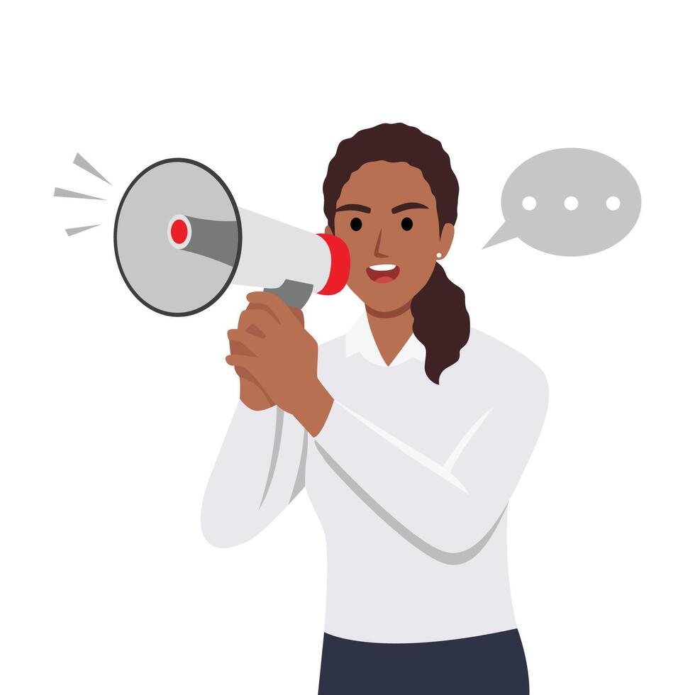 Woman is speaking into a megaphone. Announcement, warning concept vector