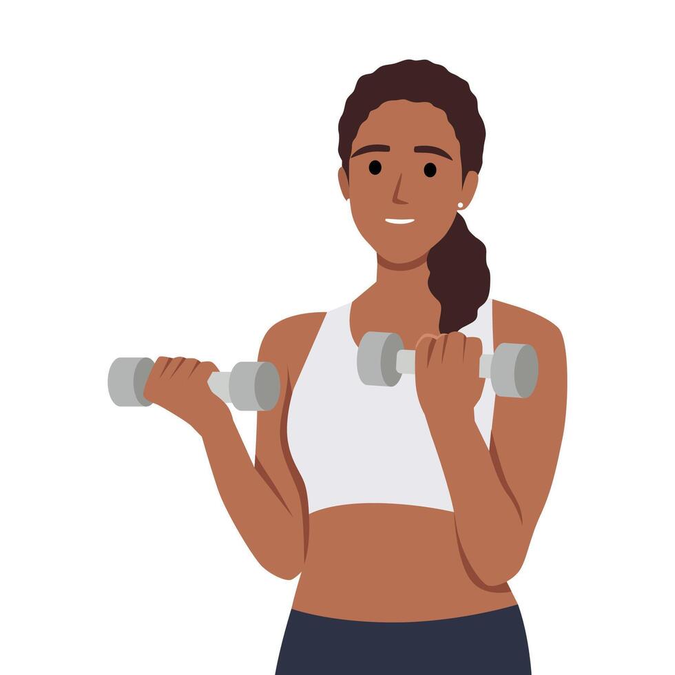 Young woman is doing exercise with dumbbell. vector