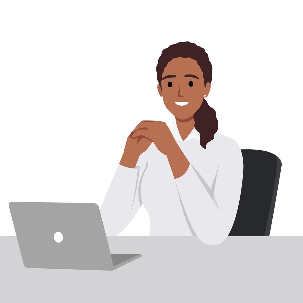 A woman is sitting at a desk table and looking at a laptop vector