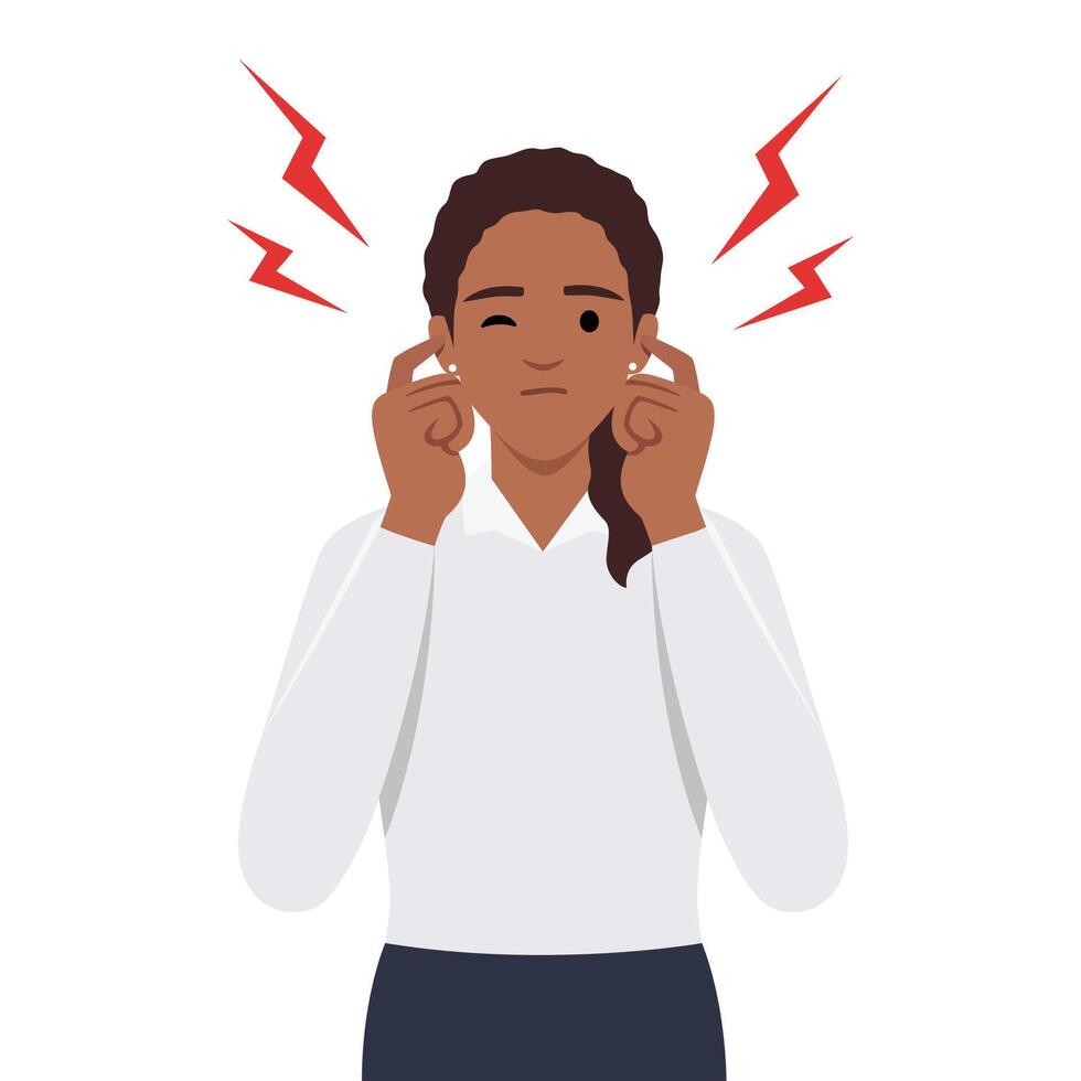 Young woman covering ears and silence concept. Young sad irritated woman cartoon character standing covering her ears with fingers. vector