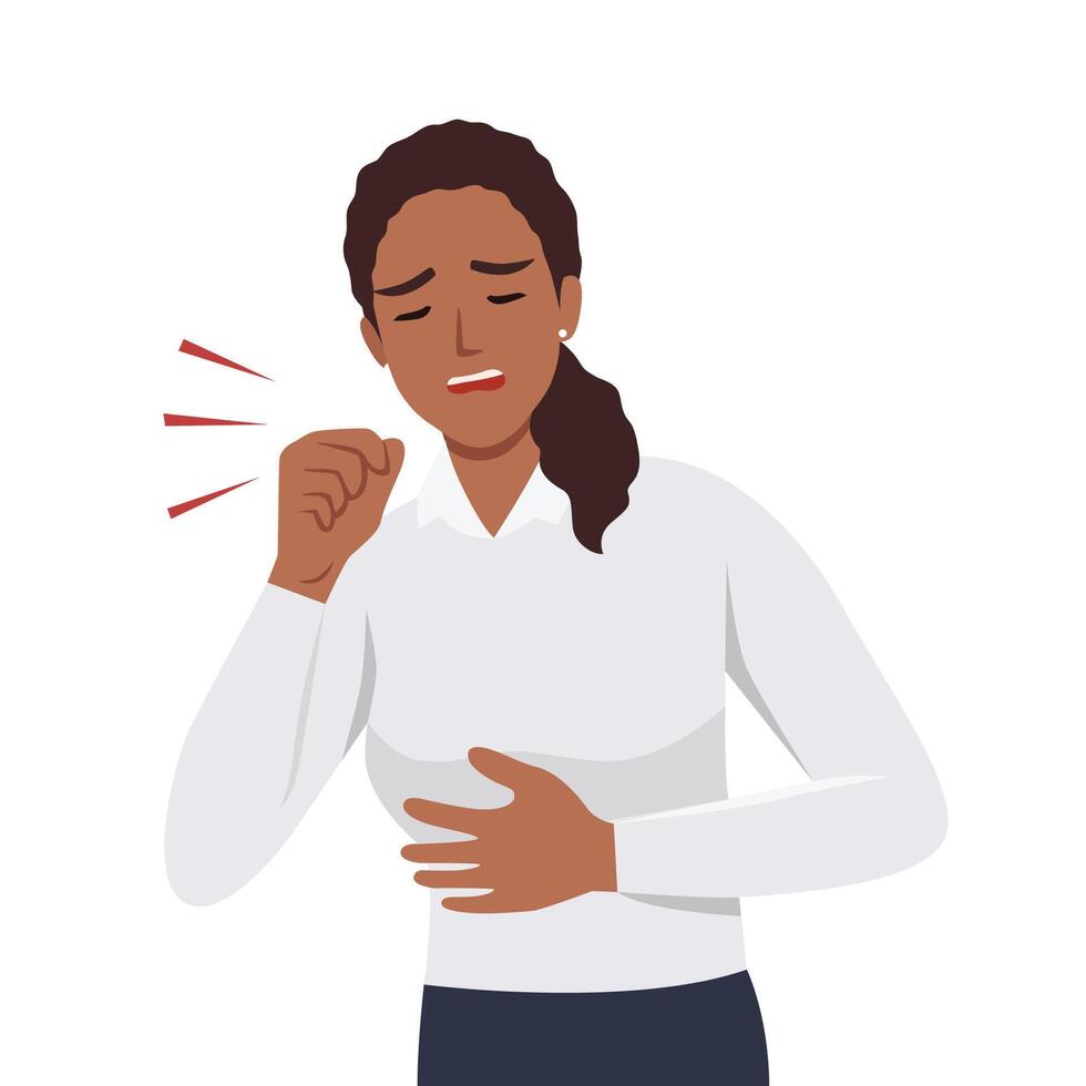 Illustration of young teenager girl coughing with fist in front of mouth vector