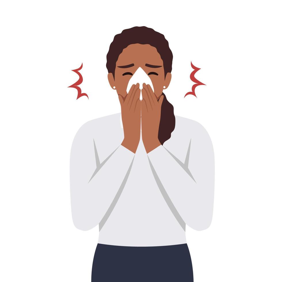 Female character sneezing, coughing in tissue. Prevention against virus, infection. Sick woman sneeze in handkerchief to prevent germs from flying from her mouth. vector