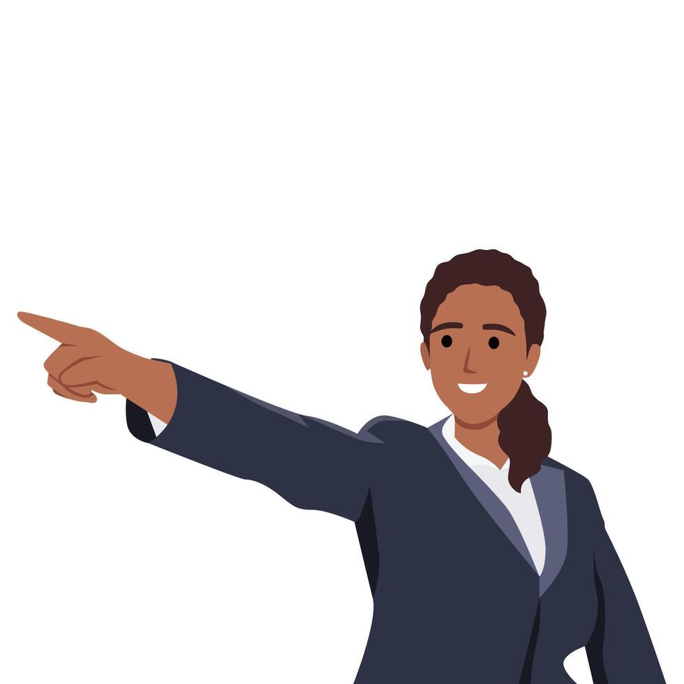 Happy business woman pointing hand to copy space away. Business woman presenting or introducing something. Advertisement or product presenting concept vector