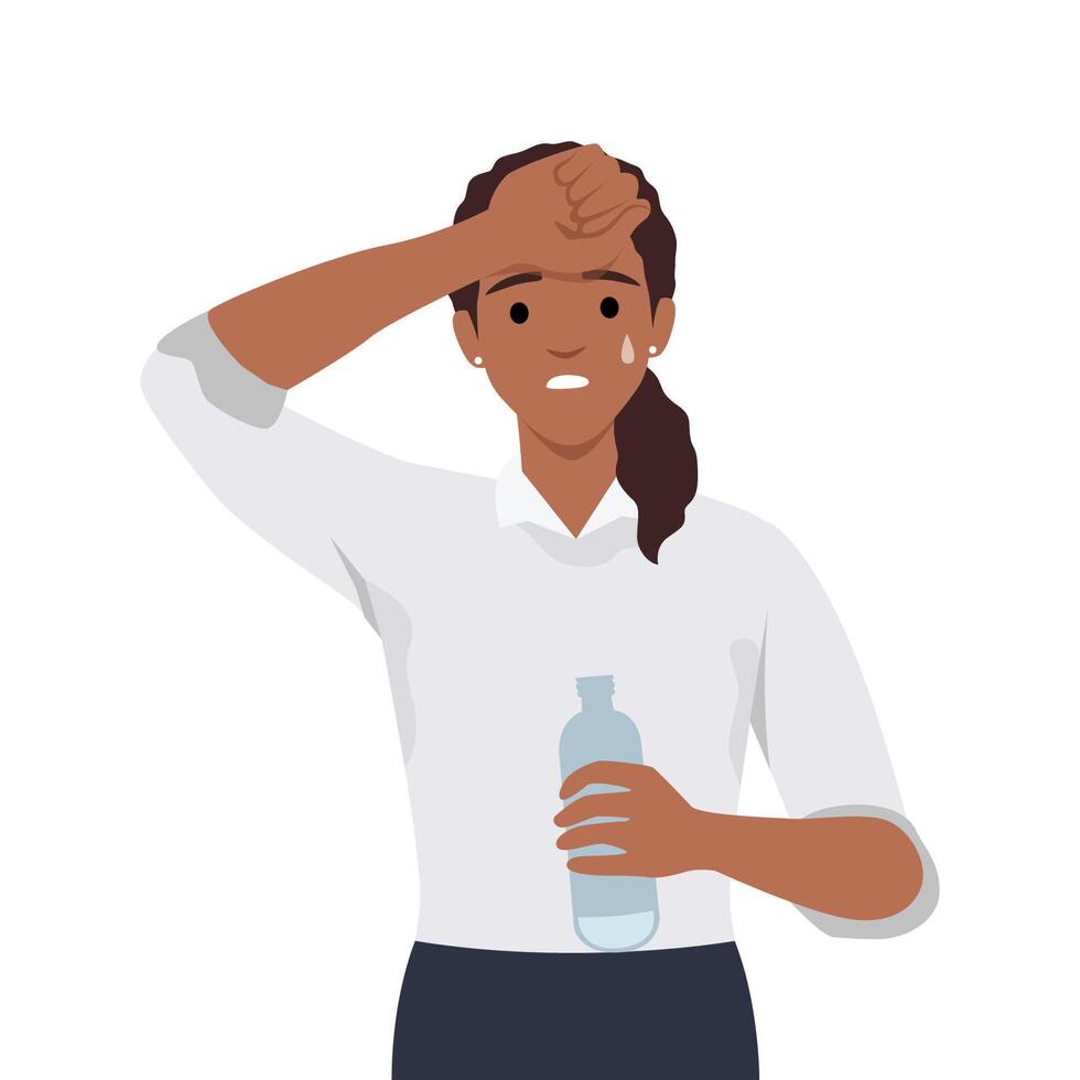 Dehydration from heat. Dehydrated woman on summer sunlight with heatstroke, cartoon sweaty person outdoor hot temperature sun weather vector