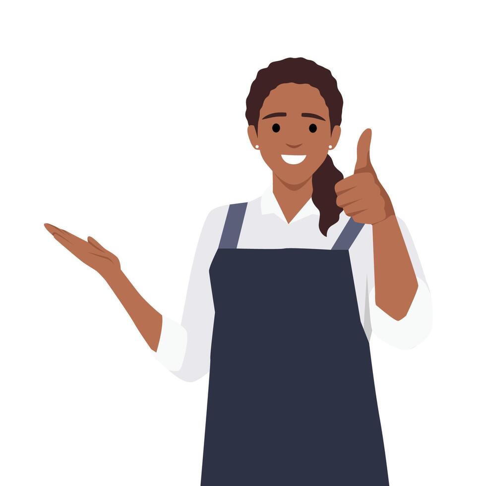 Beautiful woman in red upron standing and welcoming people with thumb up vector