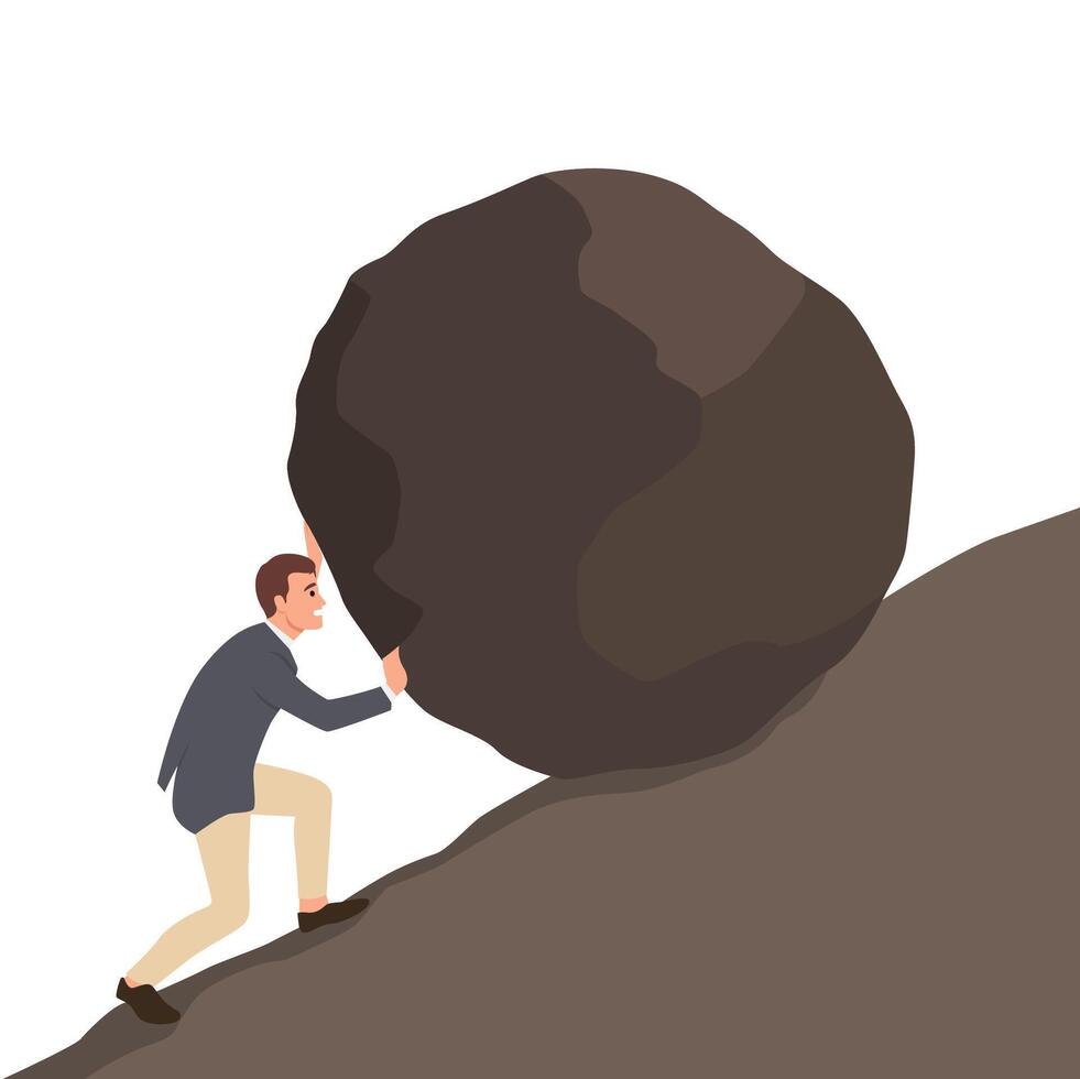 Young businessman pushing a big boulder to the top. vector