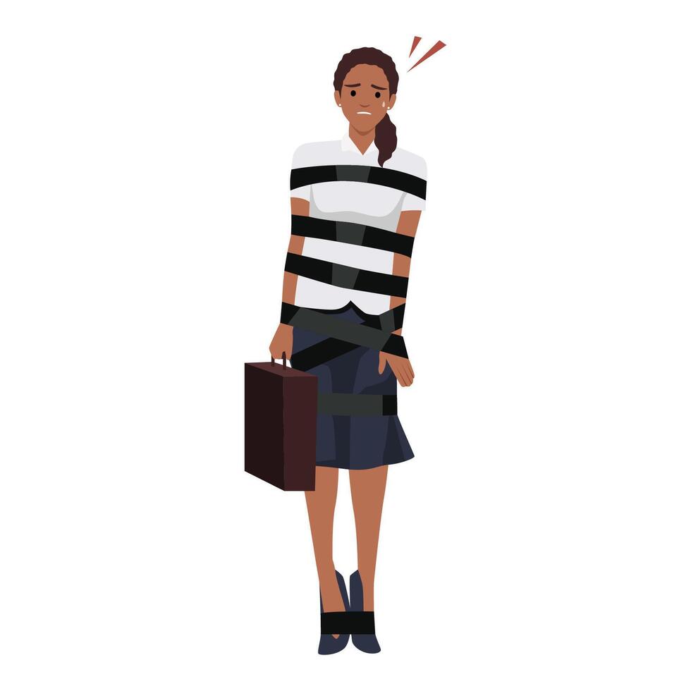 Scared Woman Tied Up with Rope or tape. Business Problems holding briefcase vector