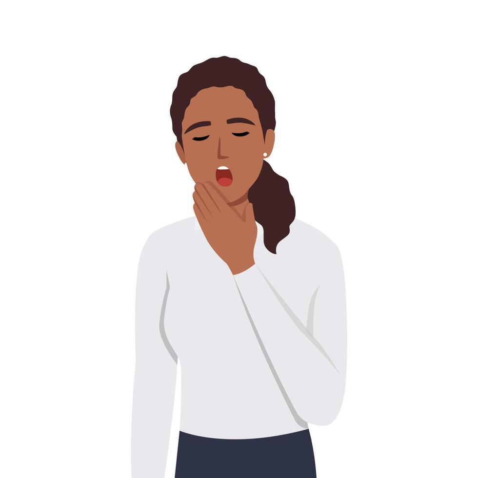 Young woman yawning covering mouth by hand with eyes closed vector