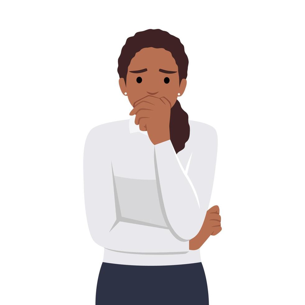 Untitled-1Feeling worried and frustration concept. Young irritated frustrated woman cartoon character standing touching chick vector
