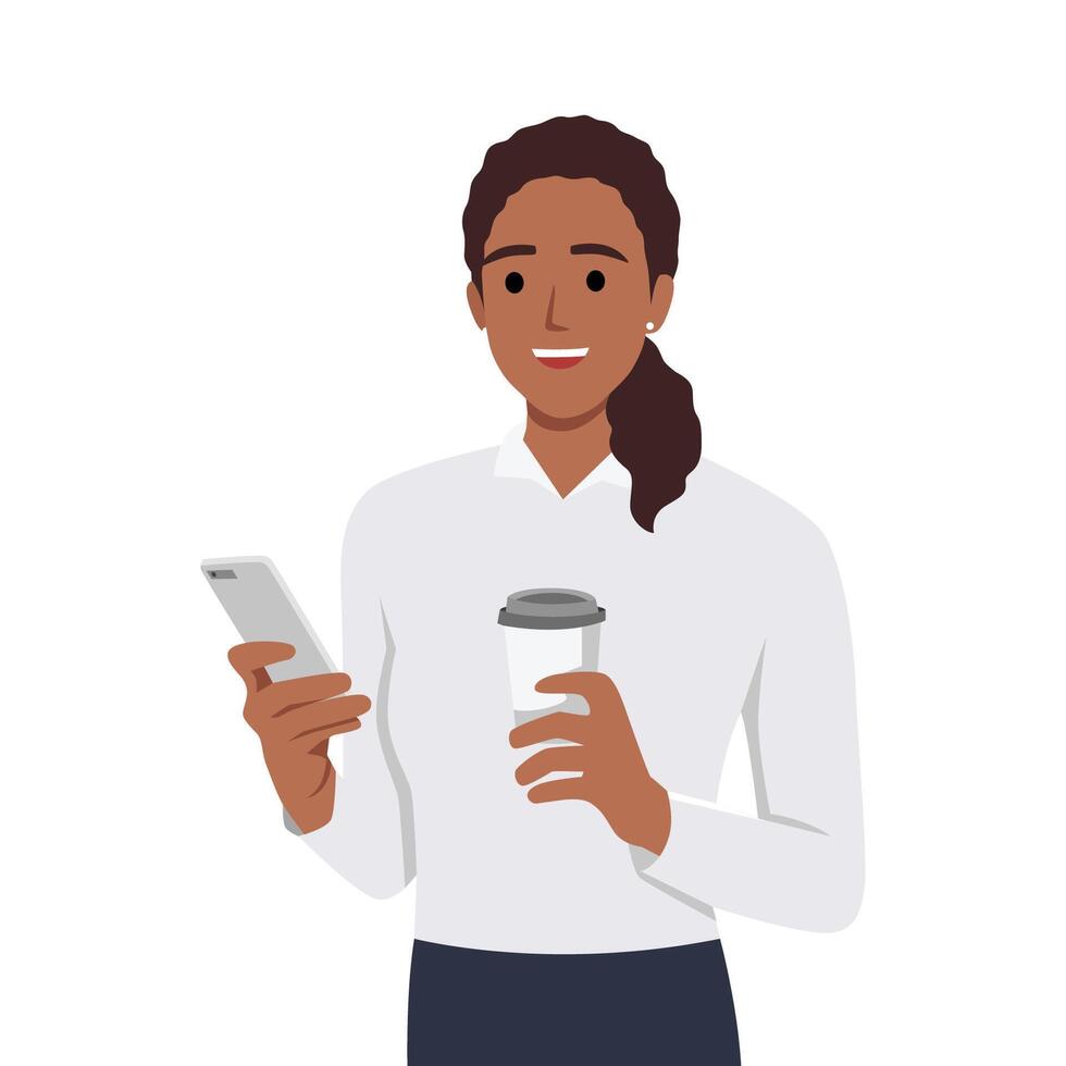 Business woman holding smartphone and takeaway coffee. Communication concept. Communication concept vector