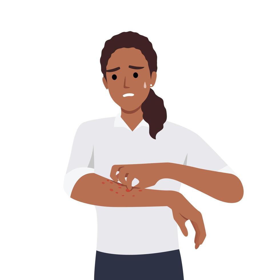 Unhappy suffering woman scratching the skin on her hand. Various skin problems, such as allergies, psoriasis, itching, atopic dermatitis, eczema, dryness, redness. Virus disease and eczema concept vector