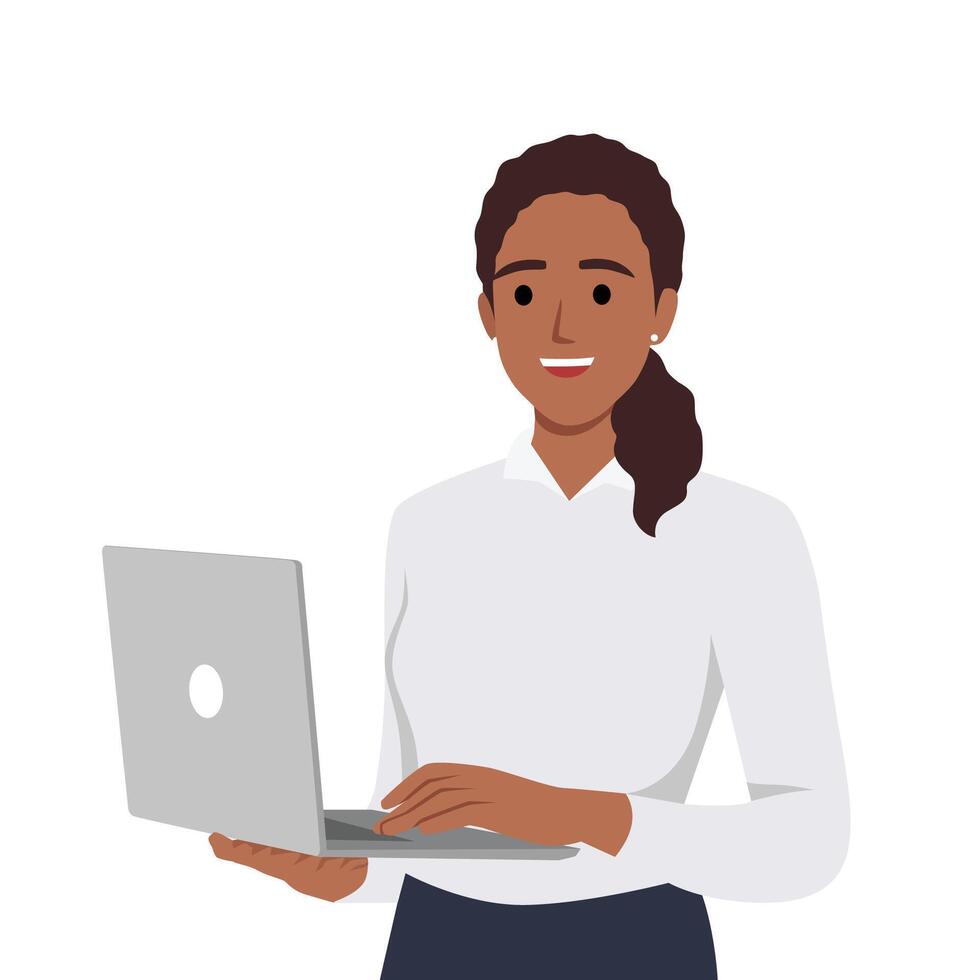 Young woman holding laptop computer against white background. vector