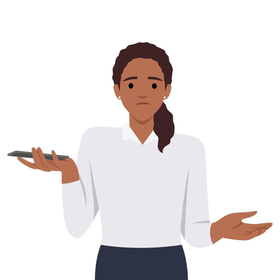 Young puzzled woman gesturing do not know and holding smart phone in hand. Oops, question, doubt, i don't know. Human emotion and body language concept vector
